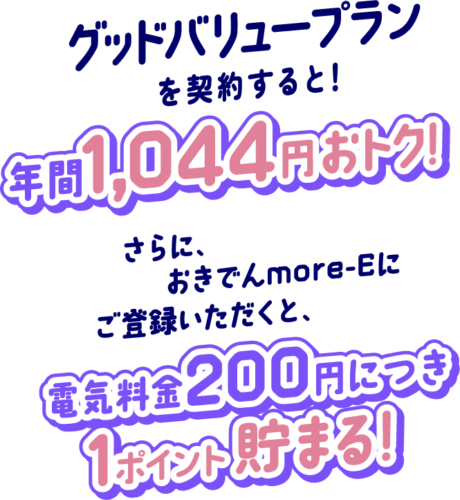 グッドバリュープランを契約すると！年間1,440円おトク！さらに、おきでんmore-Eにご登録いただくと、電気料金200円につき1ポイント貯まる！